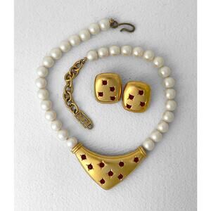 Yves Saint Laurent YSL Logo Vintage 80s Pearl Red Glass Necklace Earrings Set